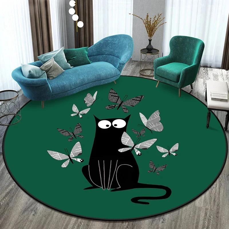 Cute Cat Round Carpet Cartoon Animal Cats Area Rug for Office Living Room Bedroom Decoration Non-slip Children's Crawl Floor Mat