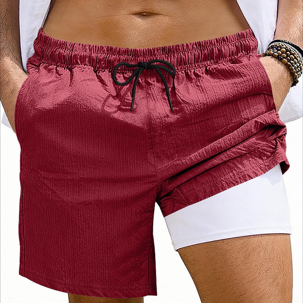 Gym Men's Summer Vacation Two Piece Double Layer Fitness Speed Drying Exercise Slow Running Function Casual Drawstring Shorts