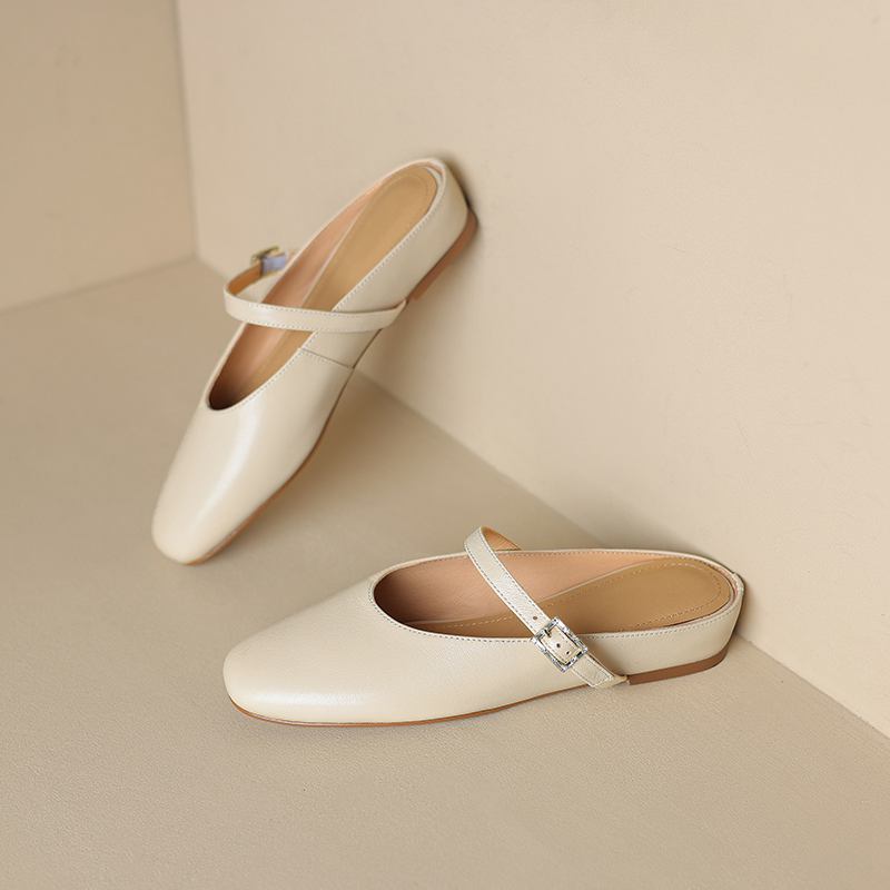 Krazing Pot, mulas de cuero de plena flor, punta cuadrada, tacones bajos, zapatillas exteriores de otoño, zapatos de verano, zapatos de tacón para mujer