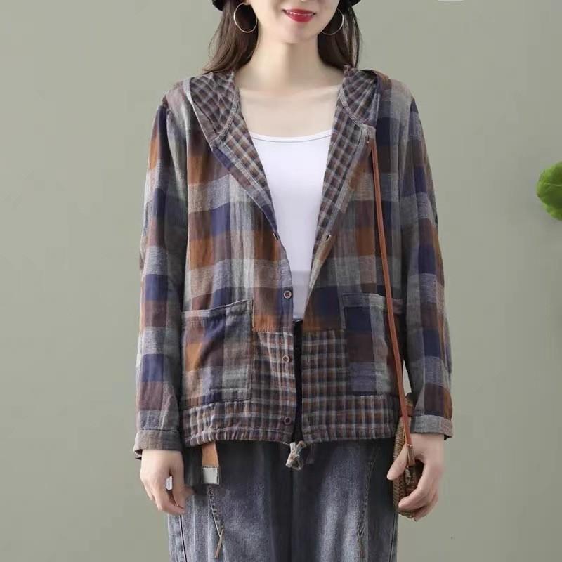 

Fashion Korean Spring Clothes Womens Plaid Hooded Shirts Ladies Linen Loose Blouses Female Casual Oversized Tops 2XL кавовий