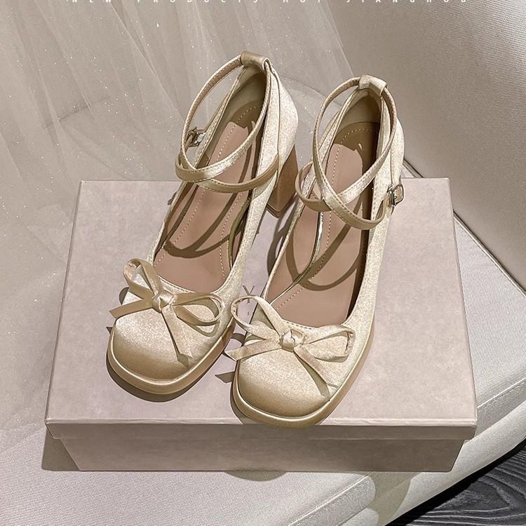 Satin Mary Jane shoes French gentle soft sole small single shoes women's spring 2025 bow lo high heels shallow mouth