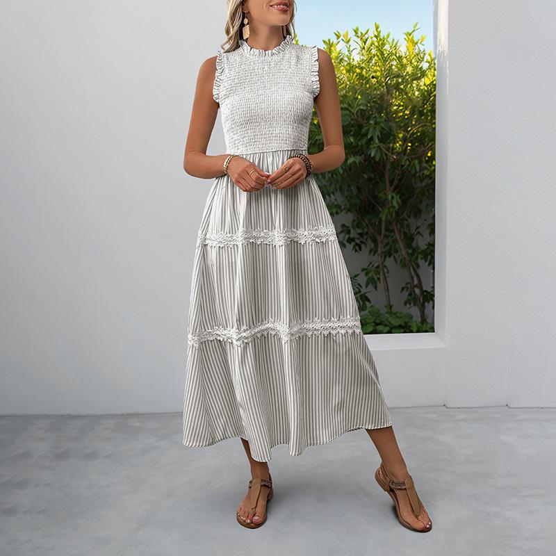 Summer New Style Casual Sweet Dress for Women Featuring Lace, Frills At The Ears, Sleeveless and Striped Design.