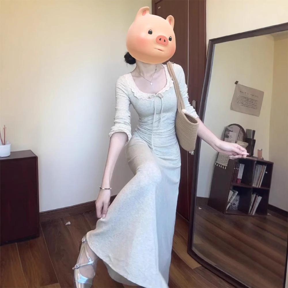 

2025 Slim Fit High-Waisted Long-Sleeve French Dress for Women: New Early Autumn Waist-Cinching Design Large хізер сірий колір