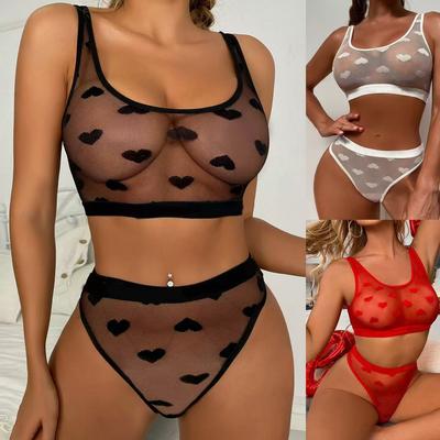 Evropa a Spojené státy nový sexy průhledný síťovaný set sexy spodního prádla s potiskem srdce, dvoudílný set