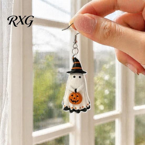 Cartoon Ghost Jewelry Cute Earrings, with Pumpkin Wizard Hat Decor, Holiday Themed Halloween Drop Lightweight Acrylic Pendant Party Earrings