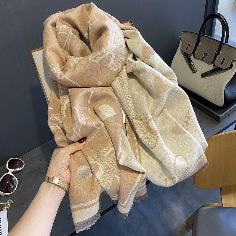 New Autumn and Winter Imitation Cashmere Scarf for Women European and American Style Iron Tower Pattern  Warm Outer Wear Multi Purpose Scarf