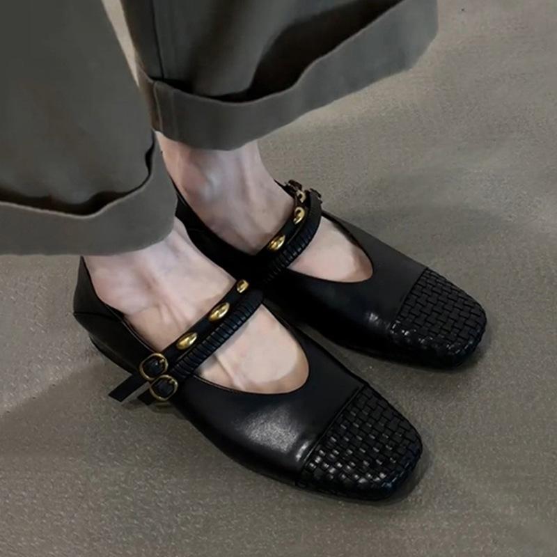 Sheepskin Version~ Genuine Leather Retro Hand-woven Flat-bottomed Shallow Mouth Single Shoes Women's Fashion New One-pedal Mary Jane Shoes
