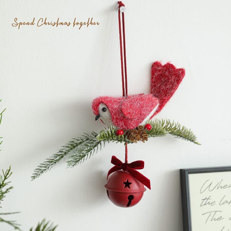 Fabric Christmas Bird Wreath Bell Pendant Pendant Door Hanging Wall Hanging Wood Simulation Decoration Pendant