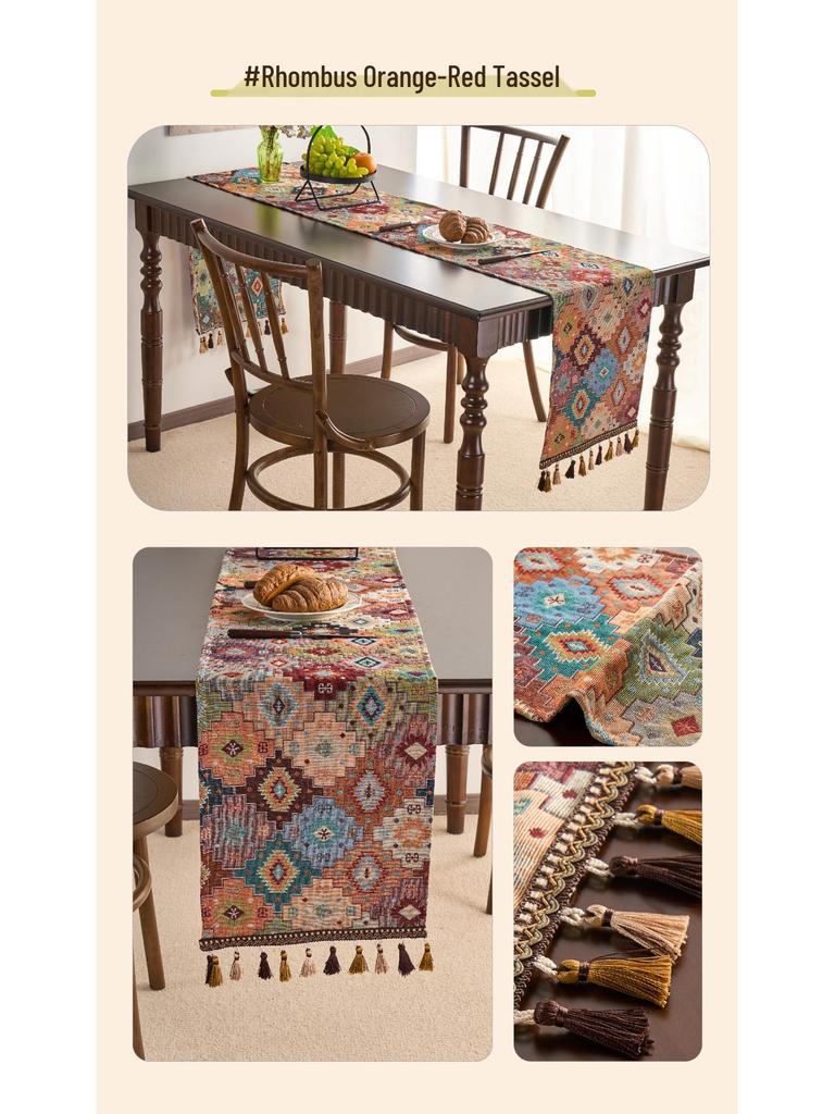 Imanqi Yun Retro Colorful Jacquard Diamond Geometric Tassel Table Runner
