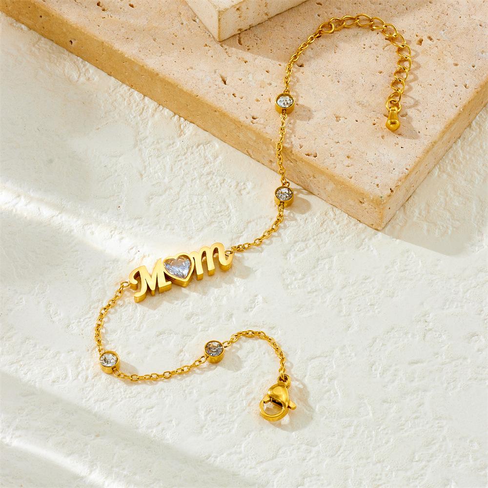 Fashion Simple Gold Diamond Heart MOM Charm Chain Ladies Daily Bracelet