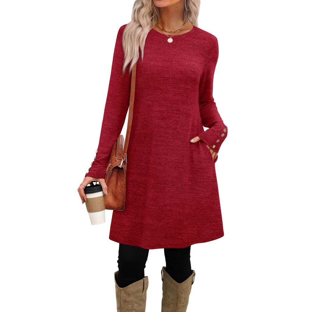 Damenmode Freizeitkleid mit Taschen, dekorativen Knöpfen, Rundhalsausschnitt, langen Ärmeln, einfarbig
