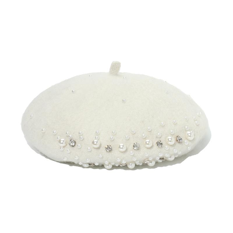 Women Fashion Wool Beret Custom Elegant Girls Beret with Pearl Rivets Wool Beret for Lady
