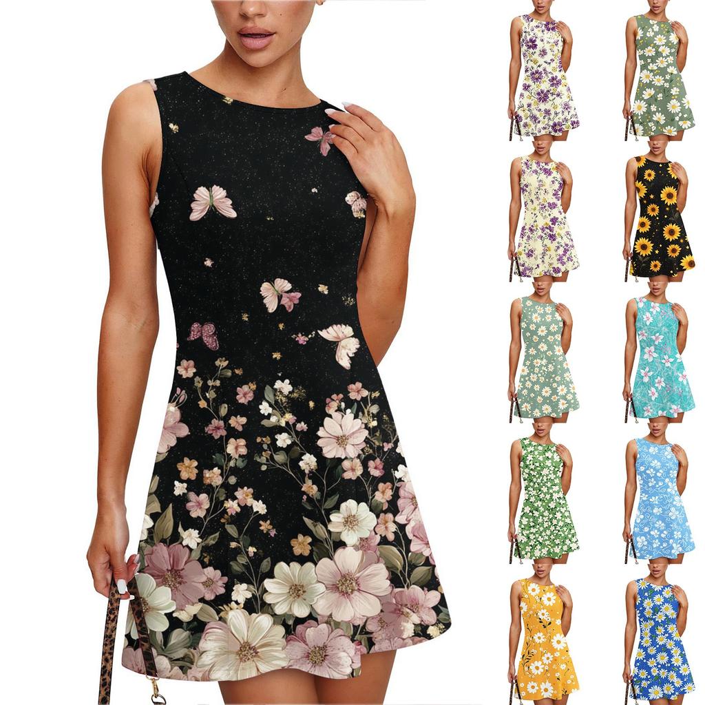 Women's Summer Dress Casual Sleeveless Round Neck Floral Print Vest Sundress