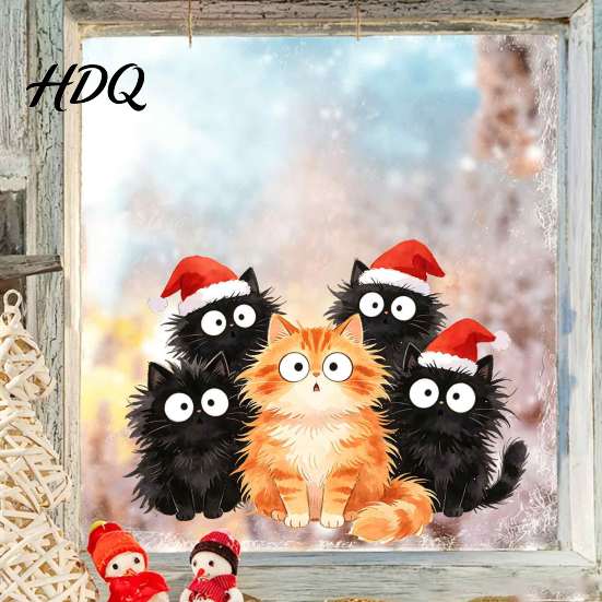 DIY Christmas Scene Window Decals Cling Cartoon Cats Sticker with Santa Hat Removable Indoor Outdoor Holiday Decor PVC Static Glass Decal
