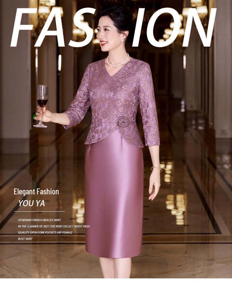 2025 Autumn Elegant V-neck Slimming Purple Lace Dress for Young Moms