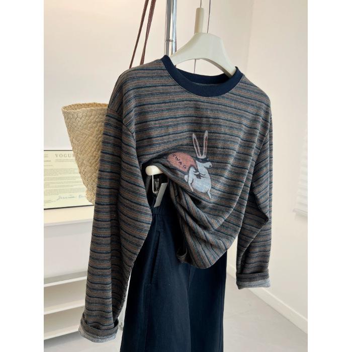 

Women s Early Autumn Striped Long Sleeve Cartoon Rabbit T-shirt M (Recommended for 41-55 kg) темно-серого