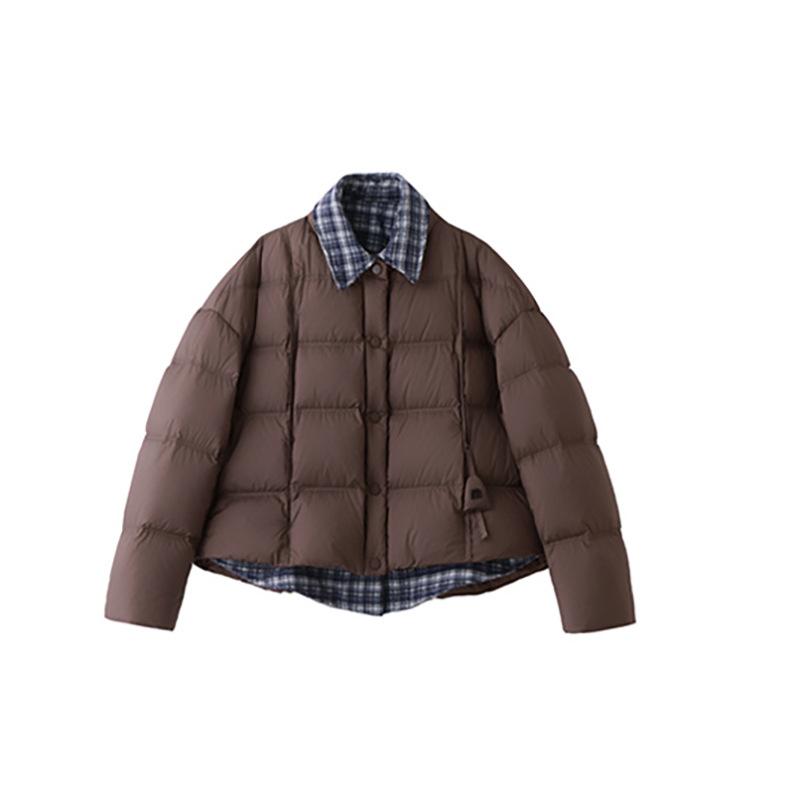 Plaid splicing down jacket women's winter fashion lapel fake two pieces high fluffy white duck down bread jacket
