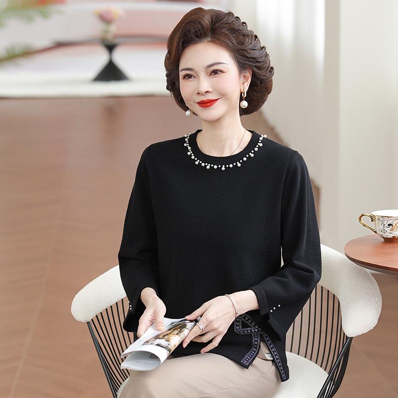 

Elegant Round Neck Beaded Knitwear for Mothers - Autumn Loose Fit Top for Middle-Aged and Elderly Women XL (recommended within 110 jin) чорний