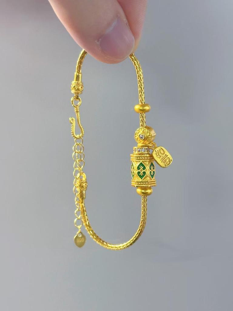 Vietnamese Gold-Enamel Coiled Bracelet: Chinese Retro Ethnic Style with Auspicious Words and Beaded Square Charm.