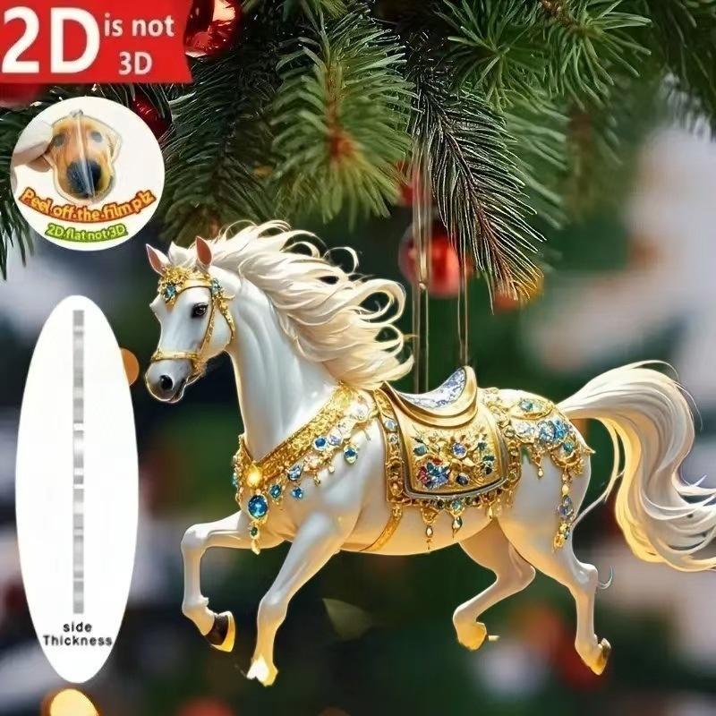 2D Acrylic Horse Car Rearview Mirror Pendant Charm Christmas Tree Backpack Hanging Ornament Party New Year Decoration Hanging