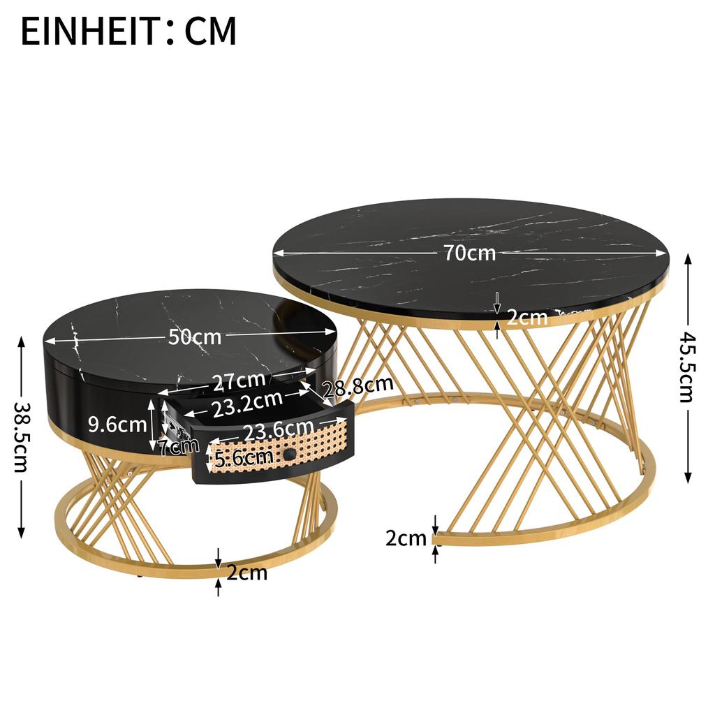 Couchtisch 2er Set, Rund Wohnzimmertisch mit Marmor Furnier, Coffee Table aus Holz mit Schublade, Metallgestell, Schwarz und Gold