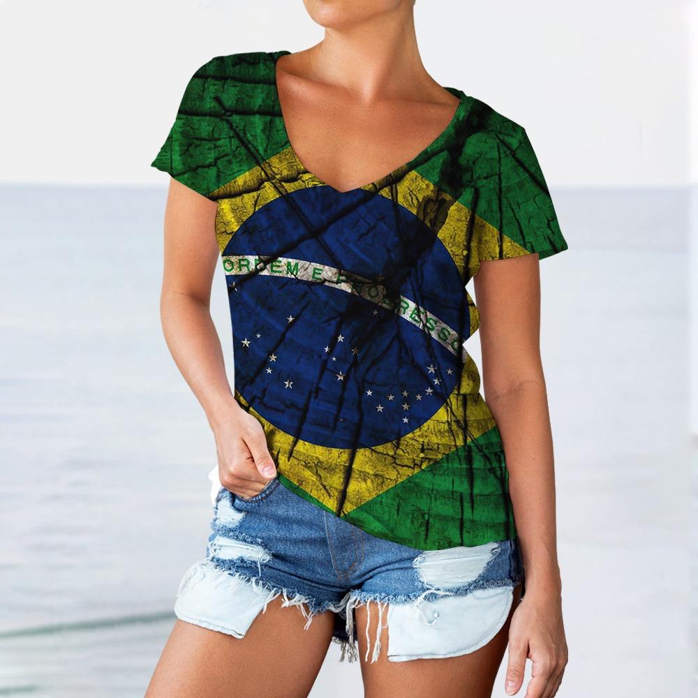 

Жіночі футболки з V-подібним вирізом з принтом прапора Бразилії, повсякденна жіноча футболка з коротким рукавом, оверсайз пуловер, топи, футболки, жіночий одяг L