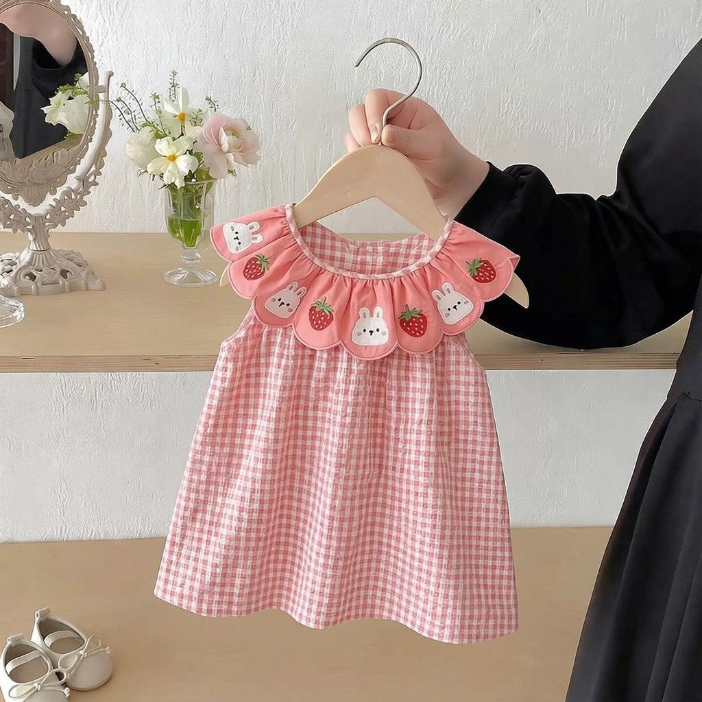 Summer Girls Strawberry Plaid Dress Mori Sweet Princess Baby Fresh Cute Cotton Sundress For Toddler Kids