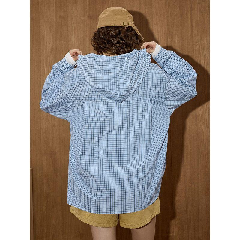 High-End Retro Loose-Fitting Versatile Blue Plaid Coolhut2025 Autumn Women's Simple American-Style Hooded Jacket