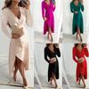 Women Autumn Winter Long Sleeve V Neck Irregular Slit Long Dress
