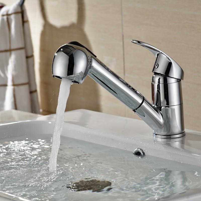 Long Nozzle Pull Out Kitchen Standing Faucet Bathroom Faucet Modern Polished Chrome Plated Single Handle Swivel Kitchen Tap