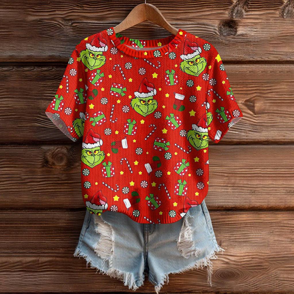 Women's Cute Sweater Knitted Fashion Casual Round-neck Short-sleeved  Cozy Print Top