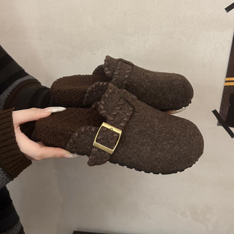 Retro fluffy bag head half slippers for women to wear autumn and winter new thick-bottomed piled cotton slippers