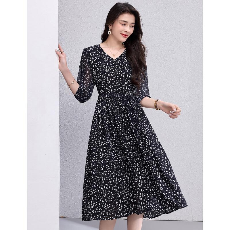 Oudifu Women s Round Neck Mid-Sleeve A-Line Midi Dress 2XL