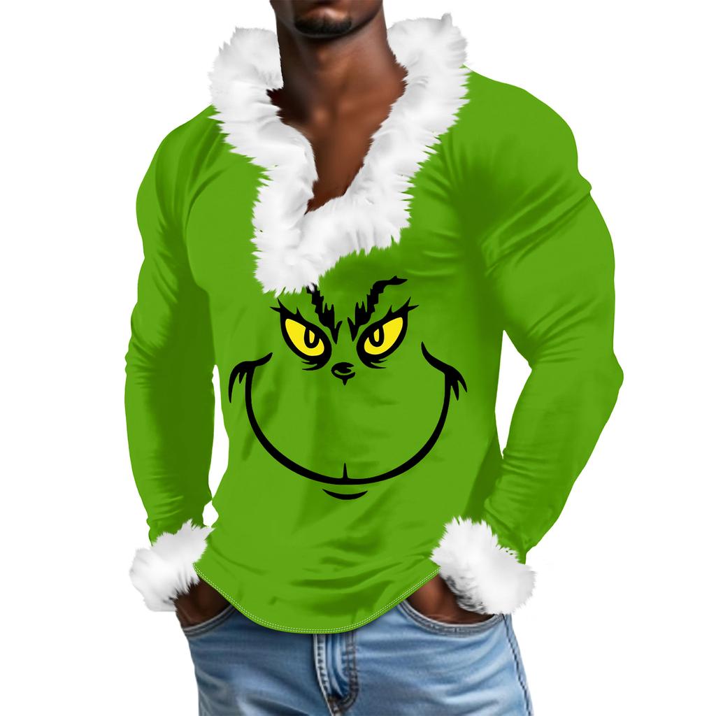 Herren Lässiges Cartoon Bedrucktes Plüsch V-Ausschnitt Mit Fleece Langärmliges Sweatshirt