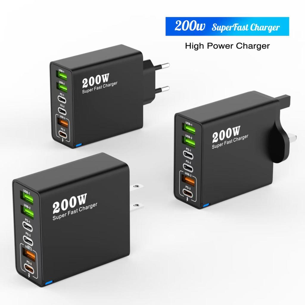 200W Multi-Port Charger - 3 USB & 3 PD Ports, Six-in-One Fast Charging for Phones (5V 2.4A), EU/US/UK Compatible