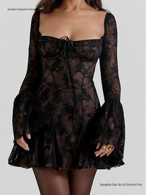 Damen Schwarz Schnürung Sexy Kleid