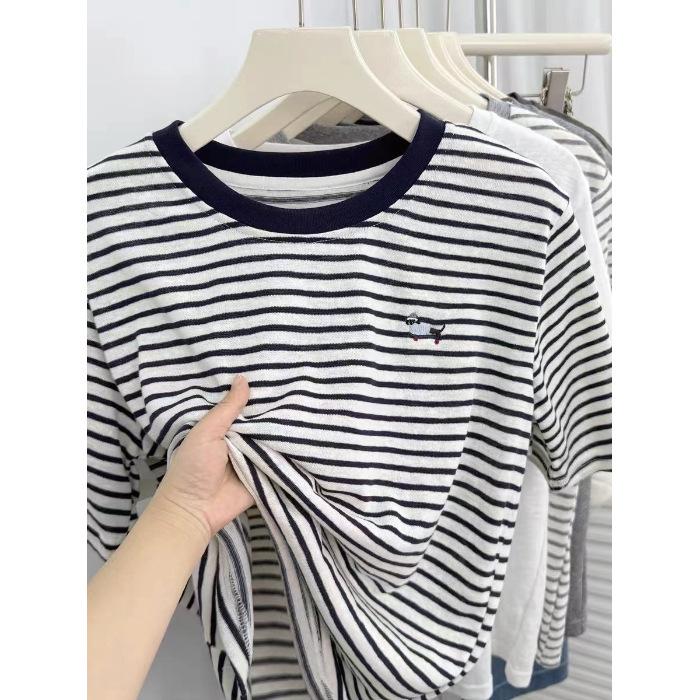 

Women s Bamboo Cotton Striped Short Sleeve T-shirt - Lightweight, Comfortable, Loose Fit, Embroidered White, Round Neck M (up to 60 kg)