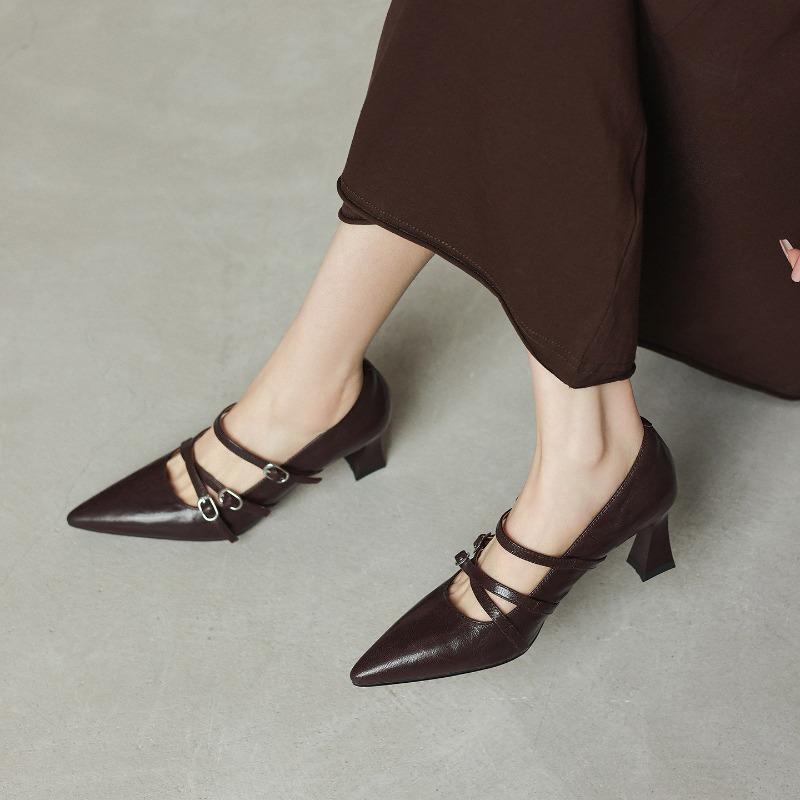 Vintage Pointed Toe Cross Buckle Women Mary Jane Shoes Fashion Shallow Shoes 2026 Spring Autumn Stripper Party Pumps Shoes