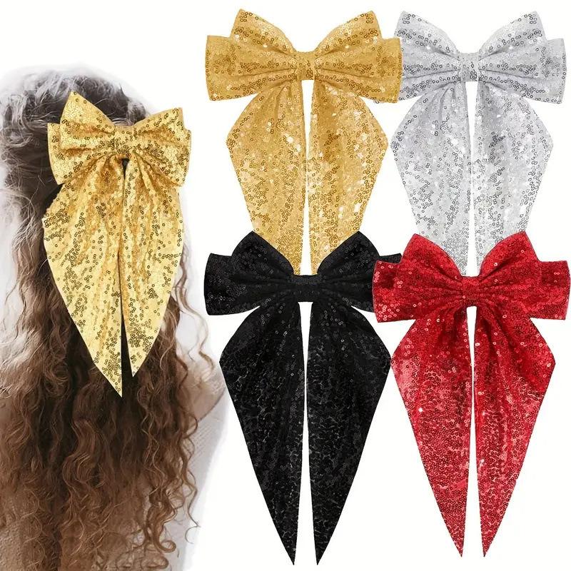 Fashionable Sequined Bow Spring Clip Mesh Ribbon Hair Clip Elegant Christmas and New Year Party Hair Accessory
