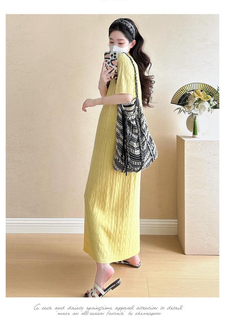 Korean Style Maternity Knit Dress with Embroidery & Pleats for Summer 2026