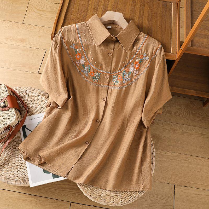 Women's Lime Green Short Sleeve Blouse Floral Embroidery Collar Loose Casual Linen Blend Shirt
