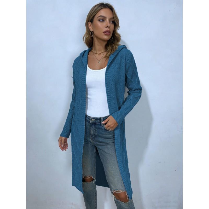 Womens Oversized Crochet Cable Knit Hooded Cardigan Long Sleeve Loose Fit Sweater In Solid Colors