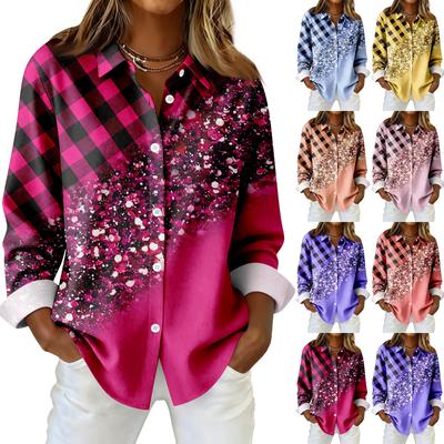 Camisa de mujer Blusa estampada Botones Manga larga Casual Camisa básica Cuello regular