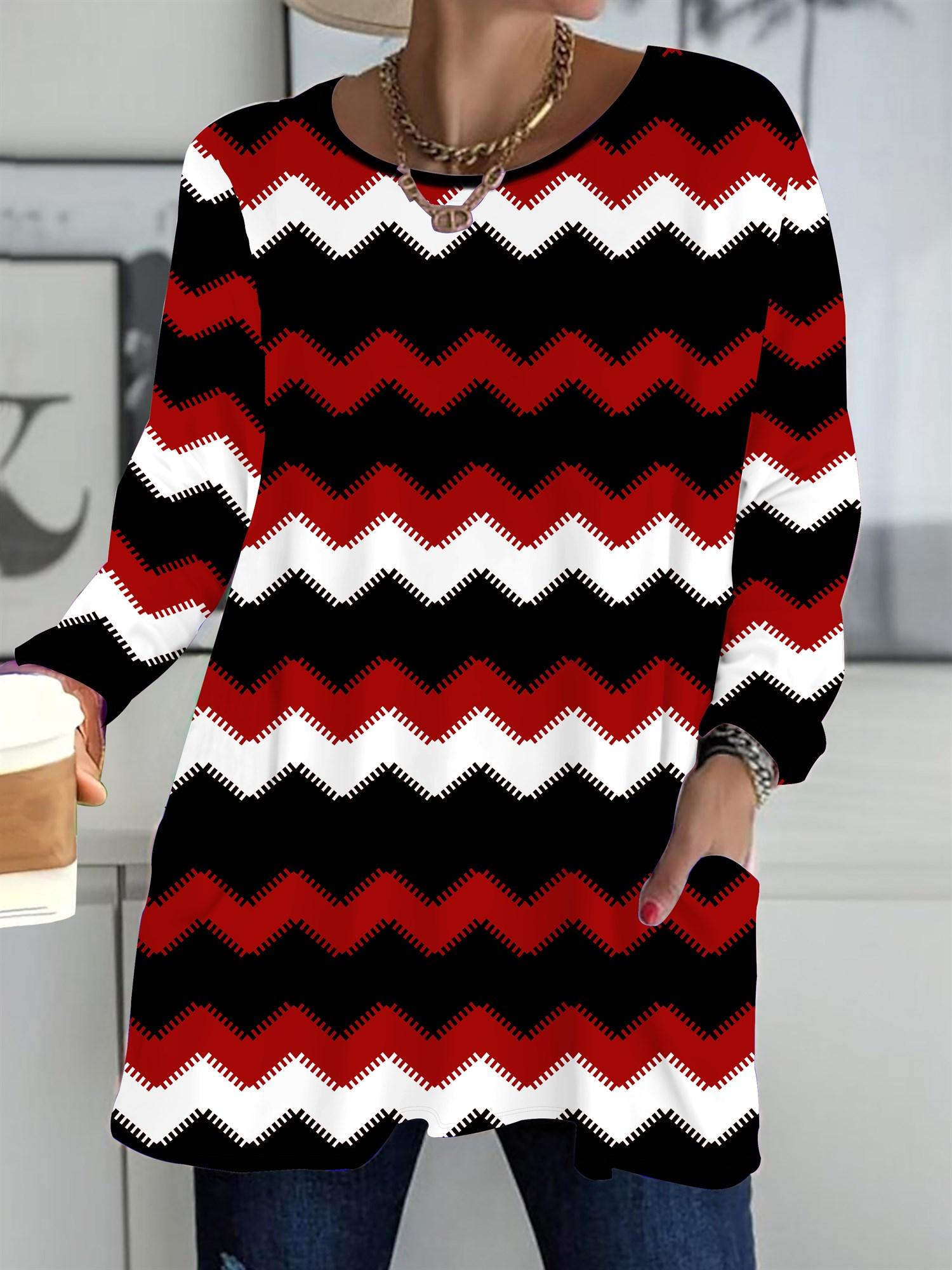 

Осень-Зима 2025 Новые Женские Топы Большого Размера, Модные Футболки с Круглым Вырезом и Длинным Рукавом в Полоску и с 3D-принтом 6XL красный