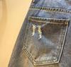 European Style High Waist Rhinestone Beaded Ripped Slimming Straight Mid-Length Pants