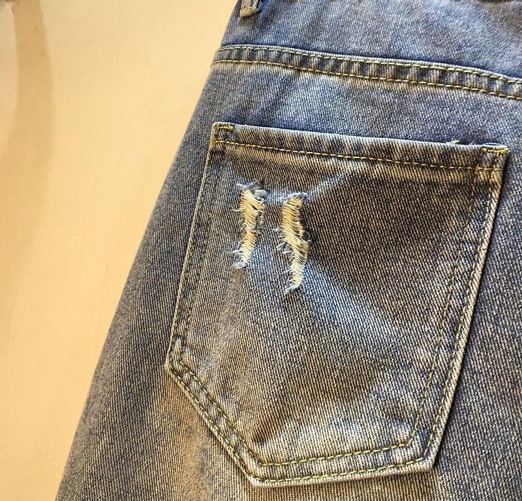 European Style High Waist Rhinestone Beaded Ripped Slimming Straight Mid-Length Pants