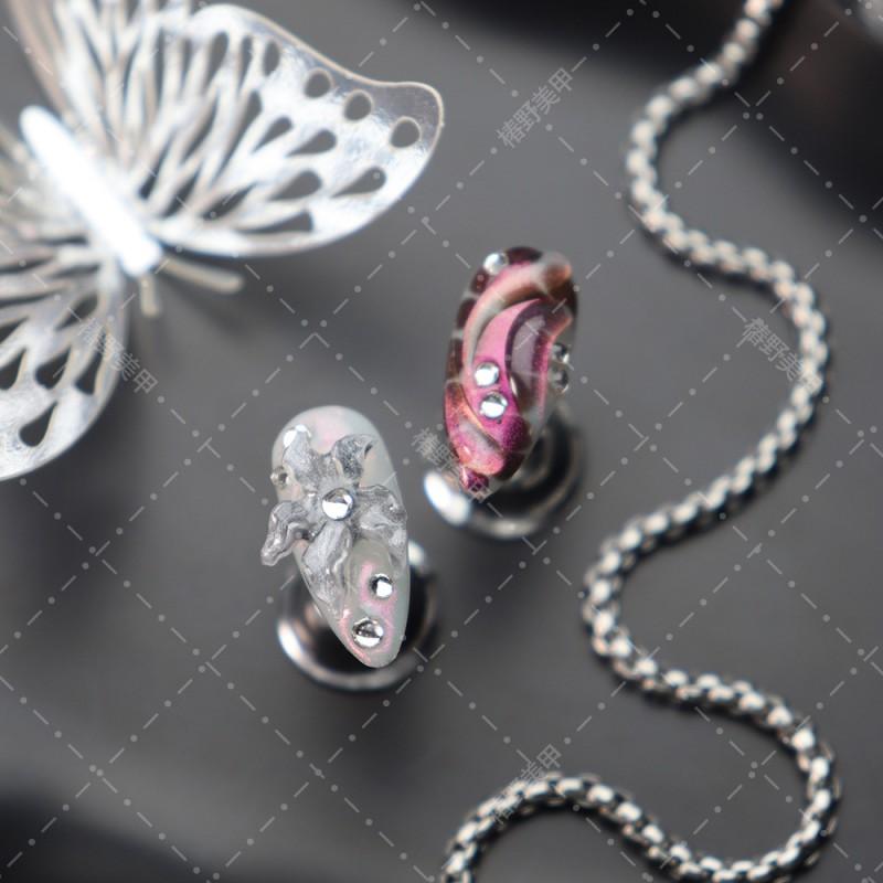 Handmade Gothic Press-On Nails With 3D Floral Carving Purple Red Angel Snake Print Women Almond Shape Acrylic