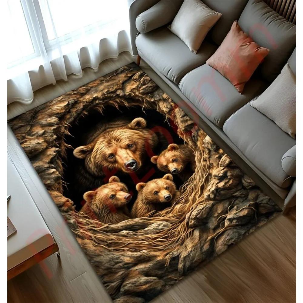 Bear Family Rug With Nature Cave Design, Cozy Woodland Animal Carpet, Rustic Lodge Living Room Decor