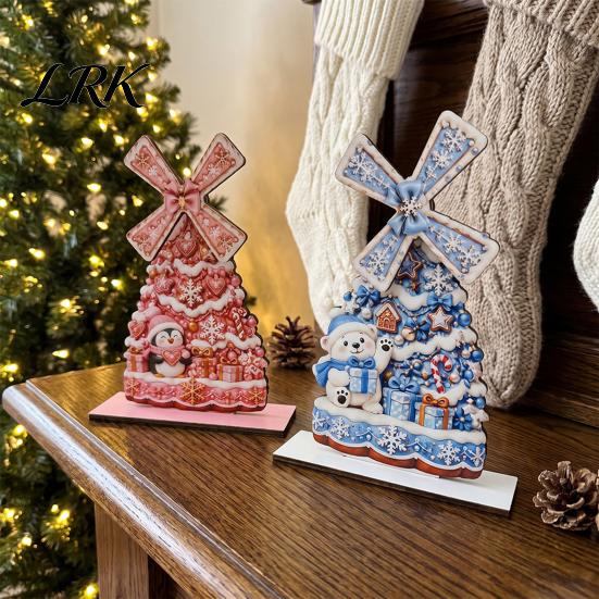 Kerstman Bureau Centerpiece Kerst Windmolen Houten Ornament, Decoratief Ambacht met Draaiend Peperkoekhuis Tafeldecor Bladen, Handgemaakt