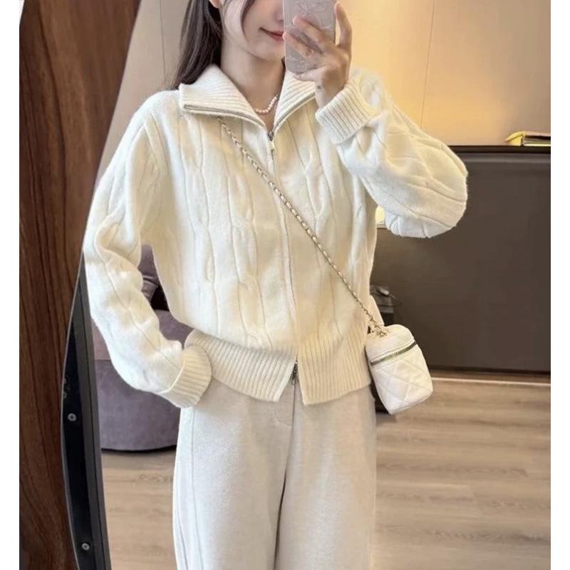Solid Color High Neck Cable Knit Cardigan Sweater with Double Zipper for Women